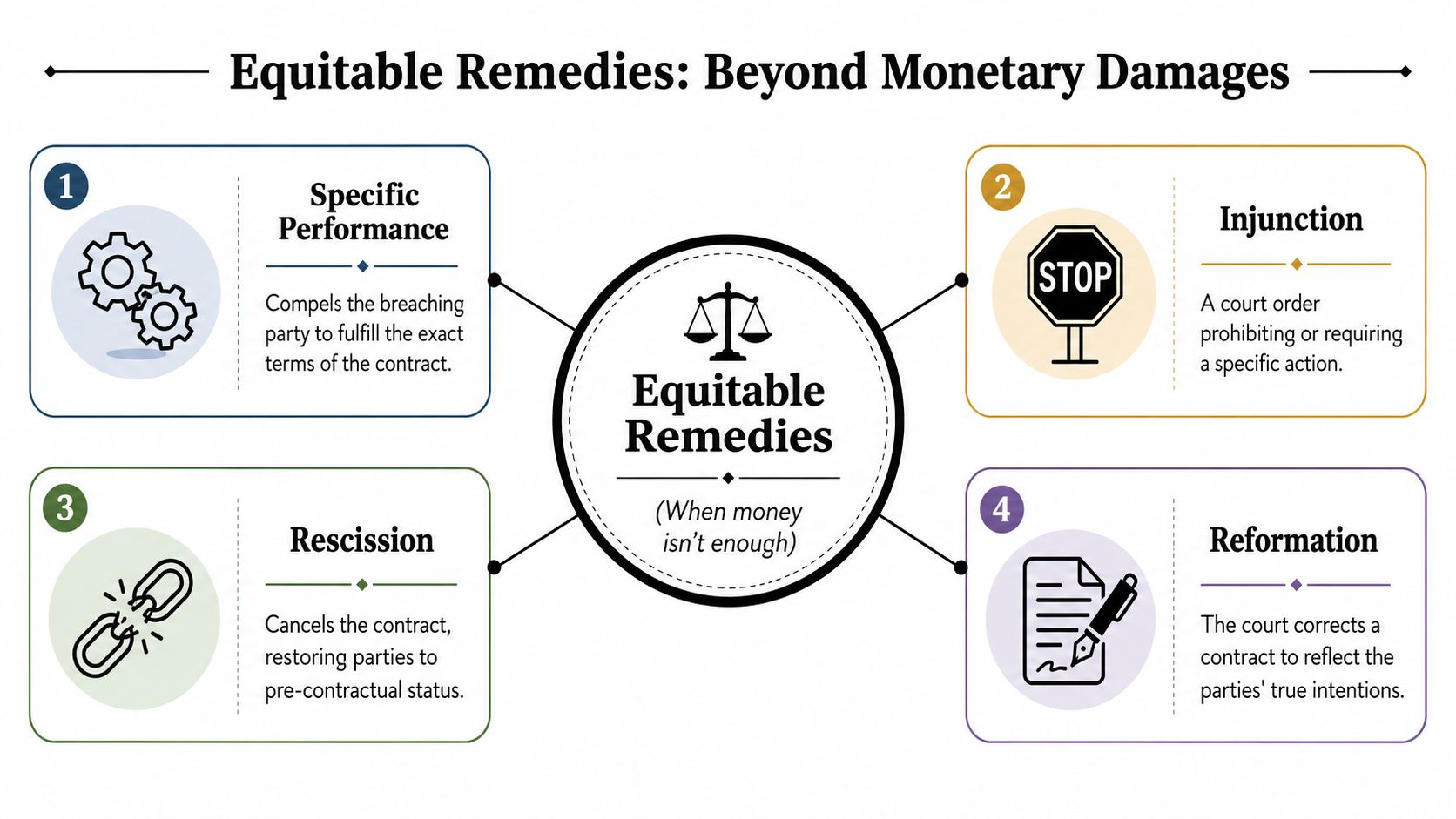 An infographic illustrating four types of equitable legal remedies including specific performance, injunction, rescission, and reformation.