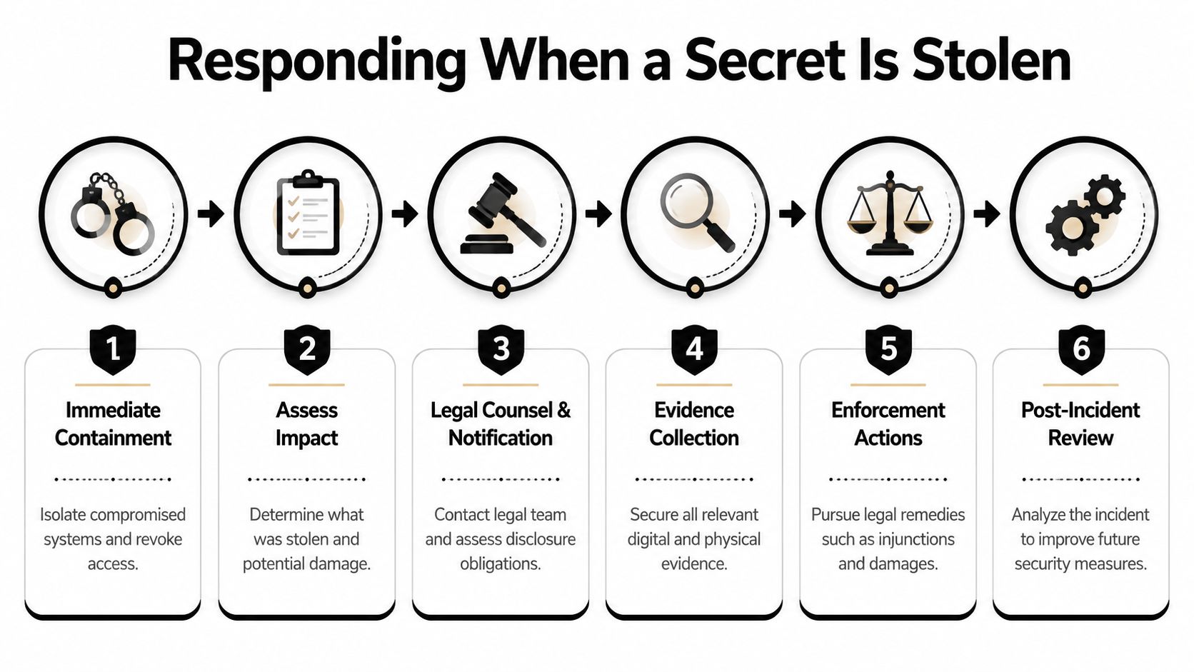 A six-step infographic detailing the process to follow when responding to a stolen trade secret incident.