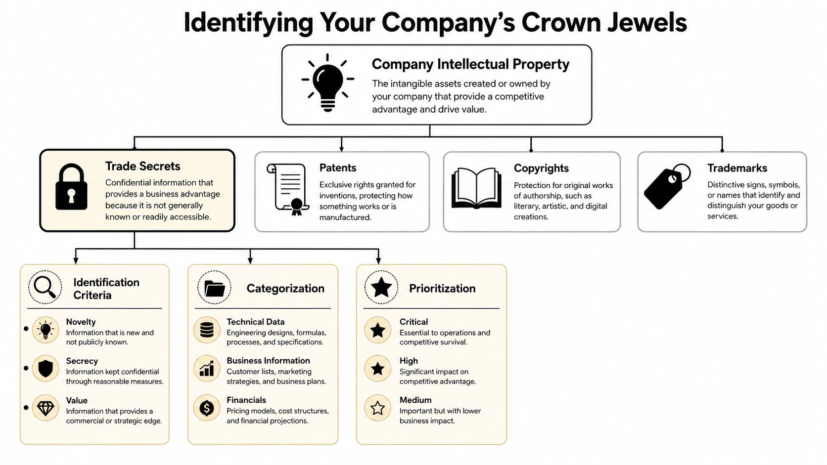 A diagram illustrating the identification and categorization process for protecting a company's intellectual property assets.